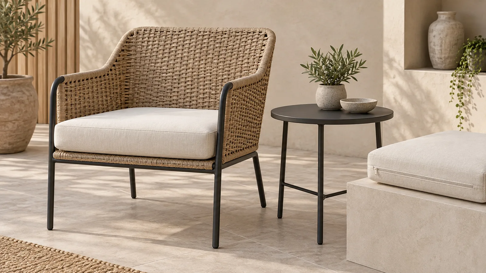 Silla de jardín tejida sin marca y mesa pequeña con una muestra de cojín separada