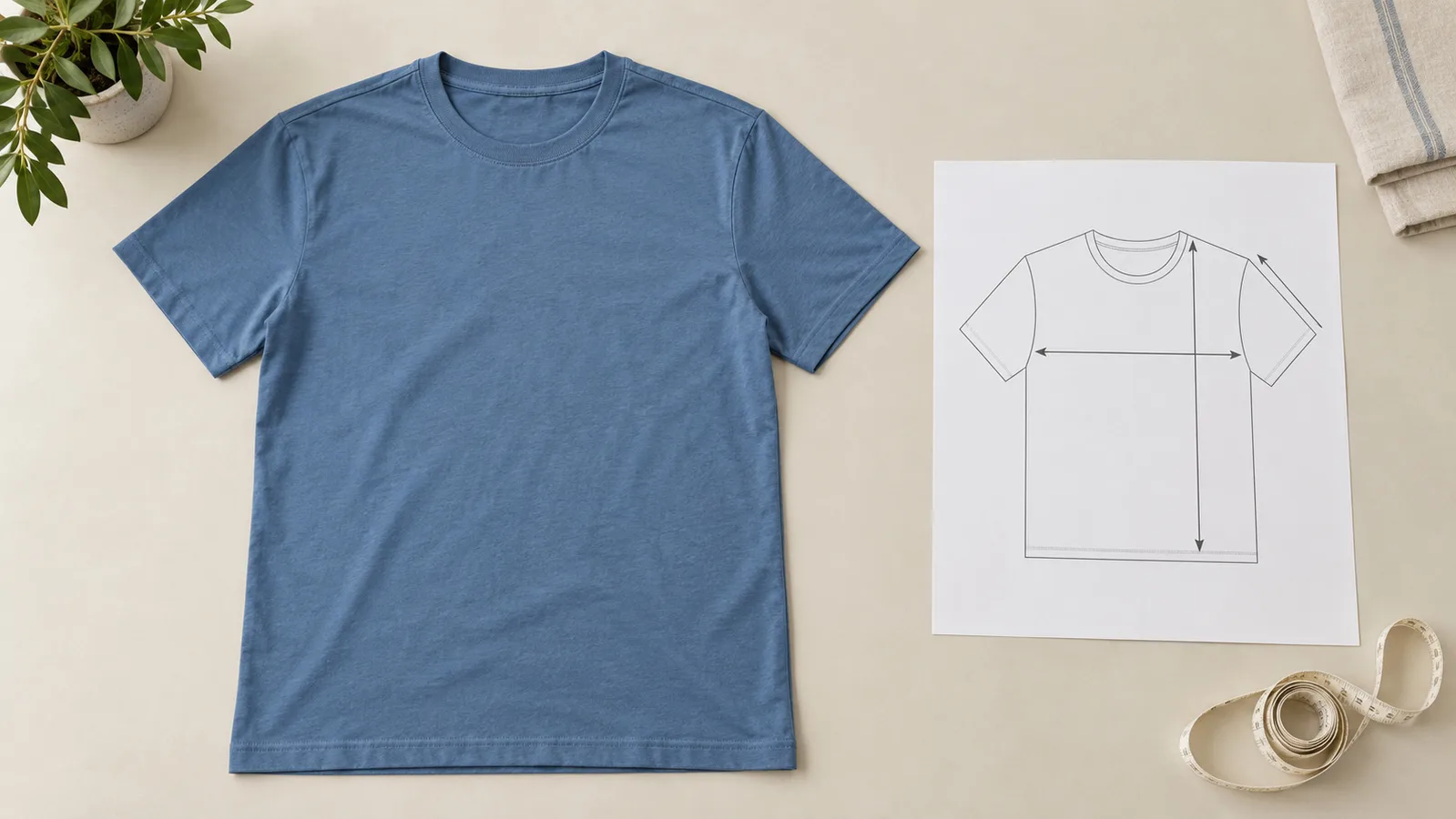 Camiseta lisa colocada plana junto a un boceto de medición de la prenda
