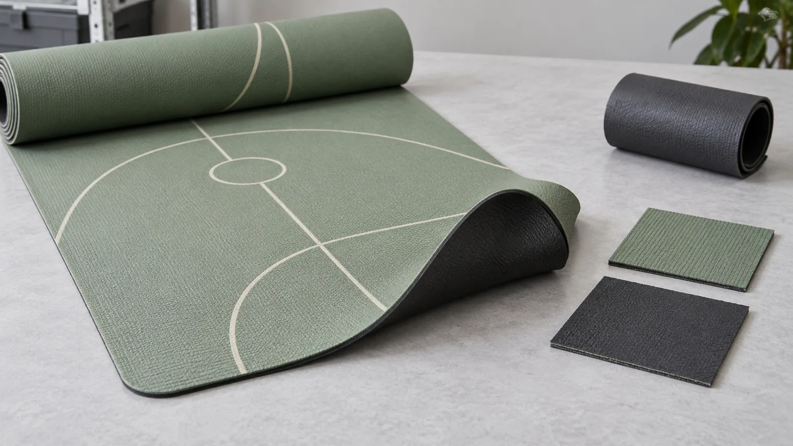 Estera de yoga impresa y muestras separadas del material base dispuestas para ilustrar una ruta de fabricación.
