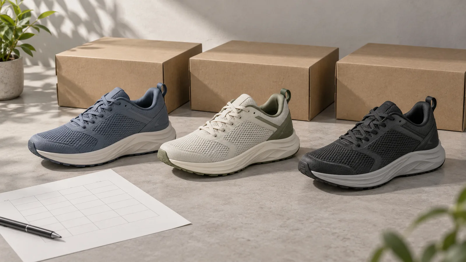Muestras de colores de zapatillas para correr sin marca junto a cajas de zapatos sencillas
