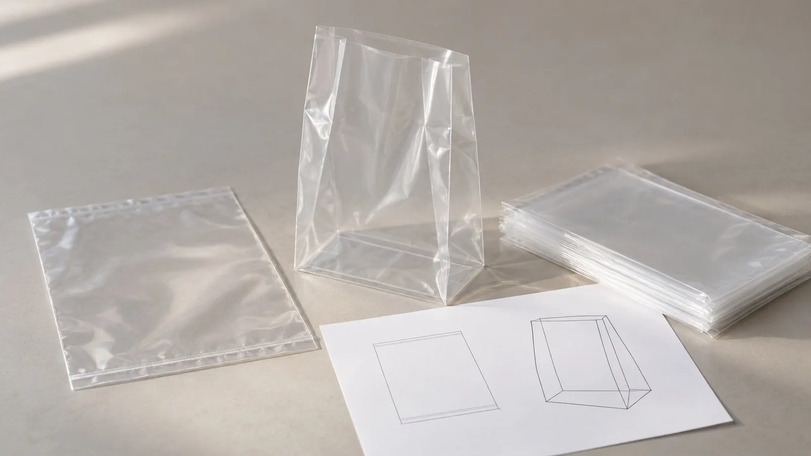 Muestras transparentes de bolsas de plástico planas y con fuelle lateral junto a un dibujo de forma simple