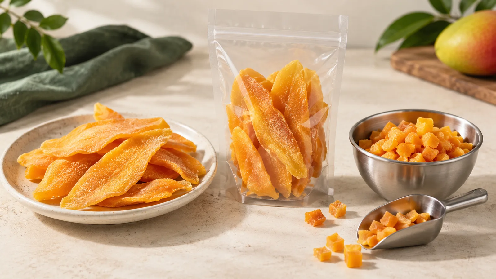 Rebanadas de mango seco y mango cortado en cubitos comparados como dos especificaciones de producto