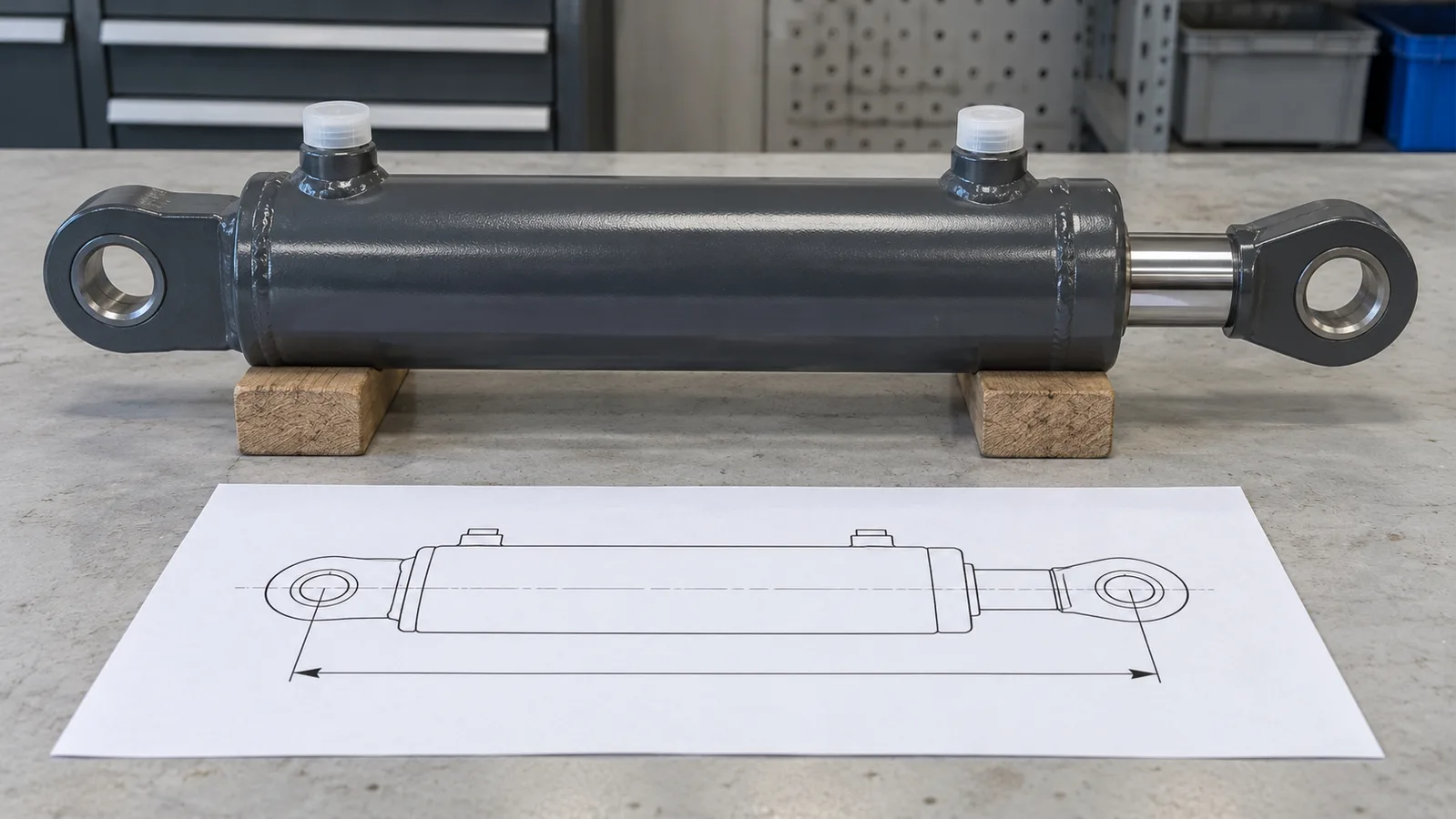 Cilindro hidráulico desinstalado con puertos protegidos junto a un dibujo esquemático de montaje