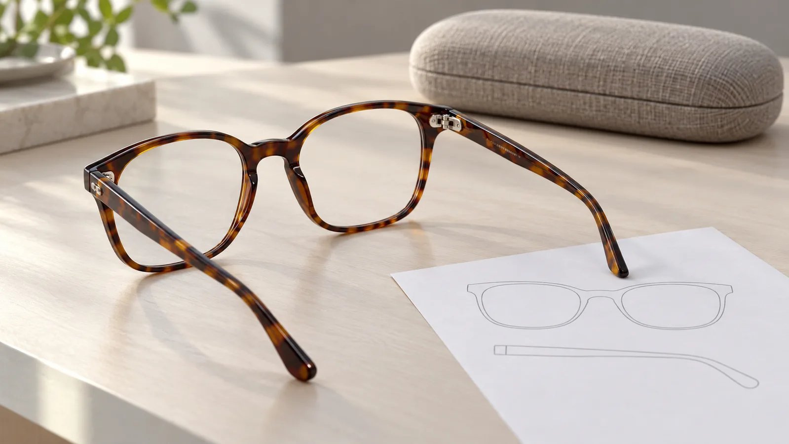 Montura óptica de carey sin marca junto a un simple contorno frontal y lateral en una mesa de trabajo para gafas