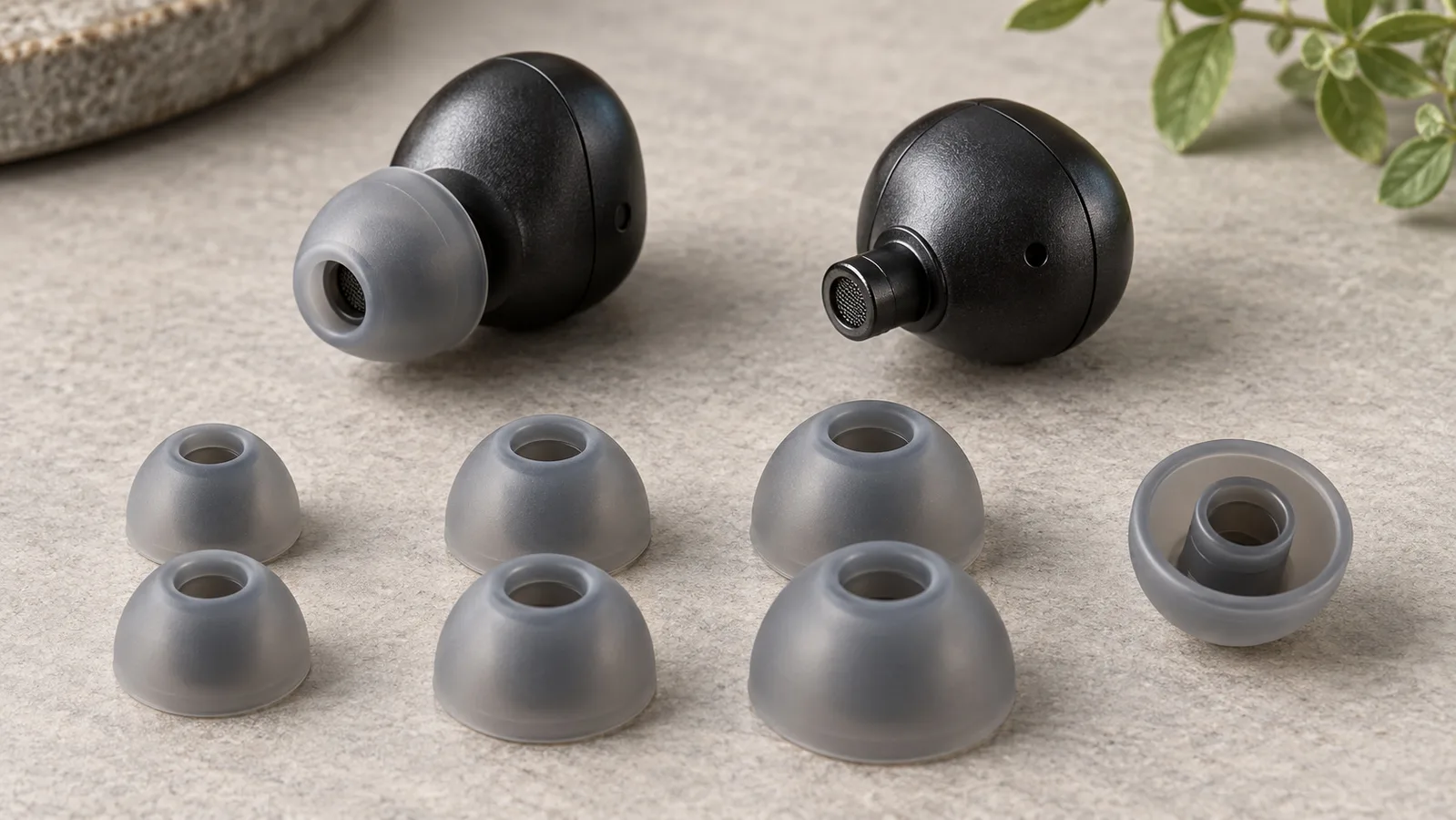 Auriculares Bluetooth y almohadillas de silicona separadas que muestran sus faldones y collares de fijación.