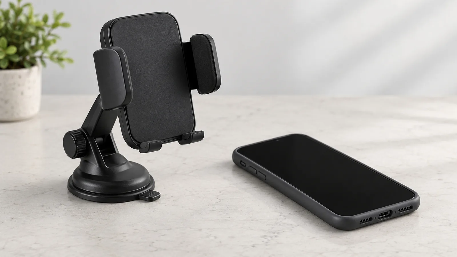 Soporte para teléfono genérico estilo abrazadera en una mesa neutral de revisión de muestras junto a un teléfono con carcasa sin marca