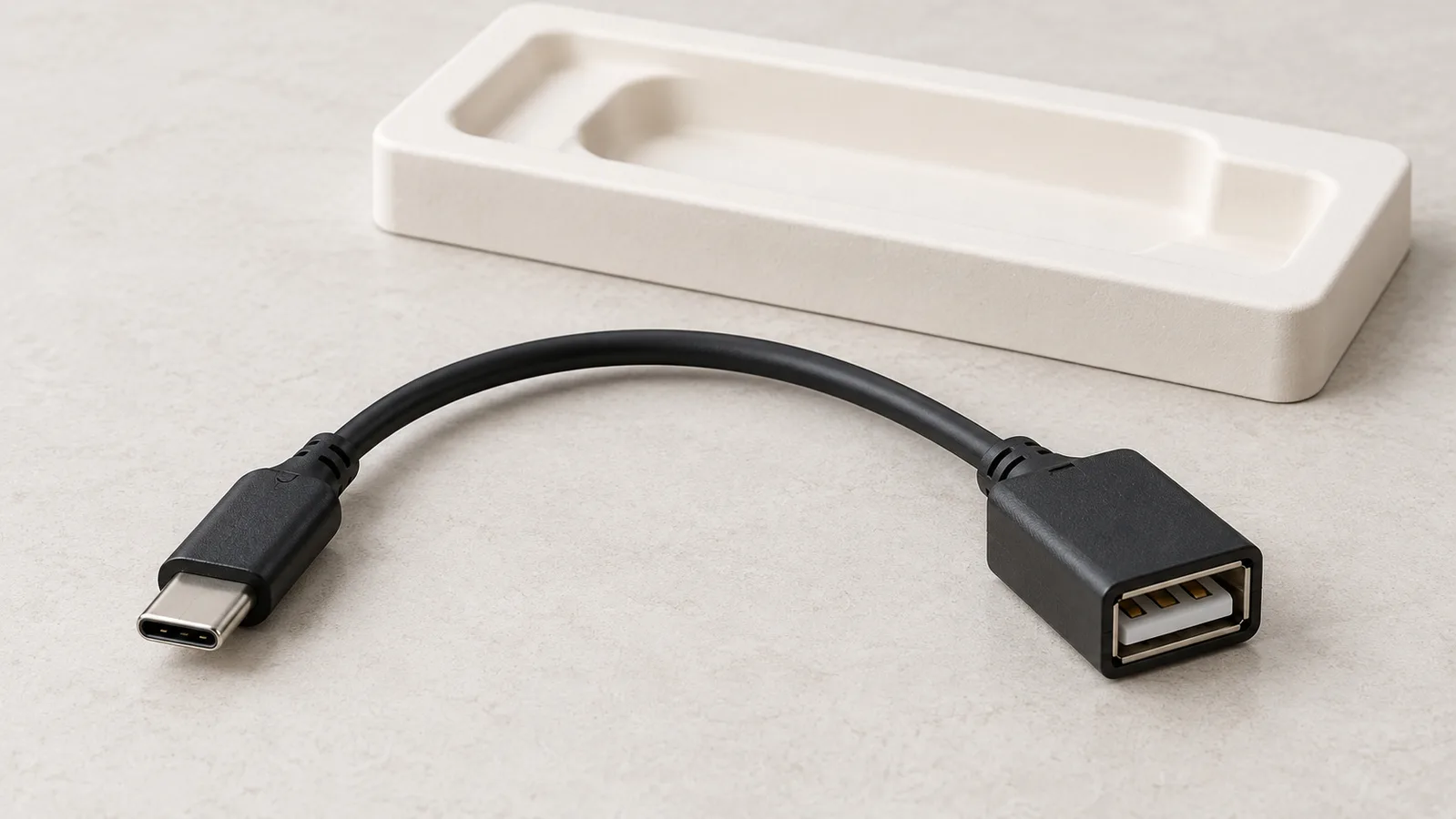 Un cable adaptador USB genérico con ambos extremos del conector visibles en una superficie de inspección neutra.
