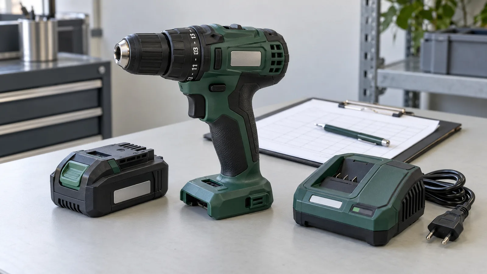 Taladro manual inalámbrico, batería separada y cargador desenchufado junto a los registros de inspección