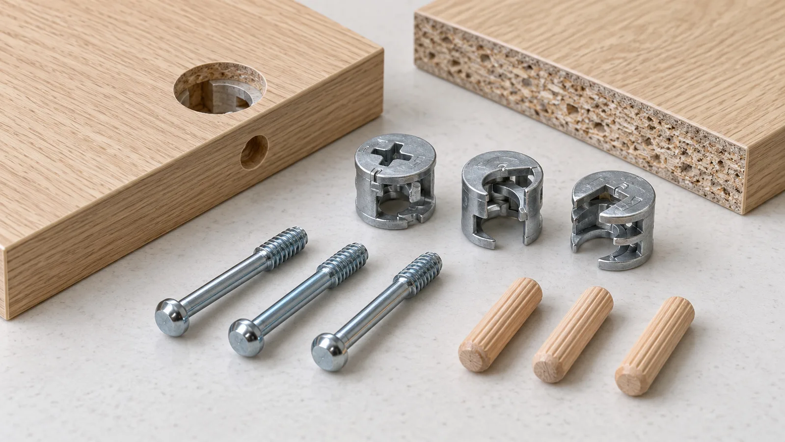 Unión de panel de muebles de paquete plano con conector de leva, perno de acoplamiento y clavijas de ubicación de madera separadas