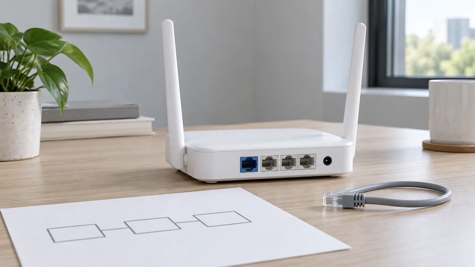 Enrutador Wi-Fi de escritorio blanco sin marca con puertos Ethernet traseros visibles junto a un simple boceto de red