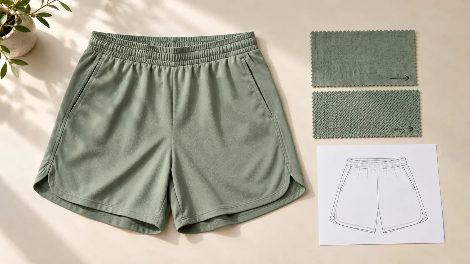 Muestra de pantalones cortos de ropa deportiva junto a muestras de tela con direcciones marcadas y un boceto de panel