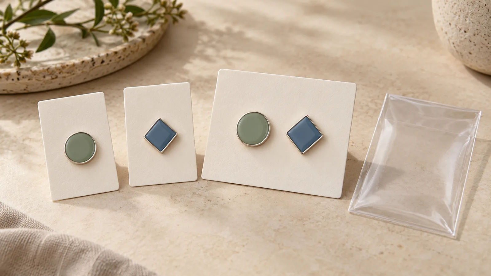 Insignias geométricas esmaltadas montadas en tarjetas lisas junto a un juego de dos insignias
