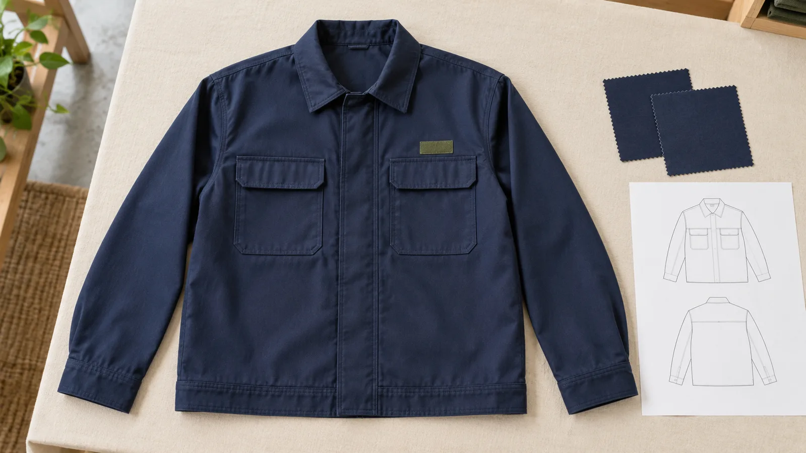 Muestra de chaqueta de ropa de trabajo normal con detalles de bolsillo visibles junto a muestras textiles