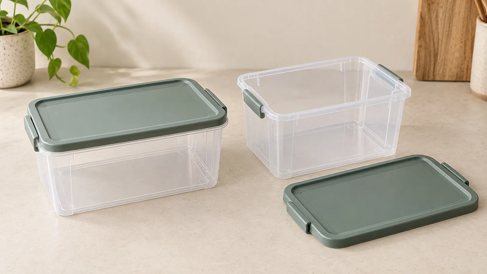 Cajas de almacenamiento de plástico que se muestran con una tapa cerrada y un interior abierto.