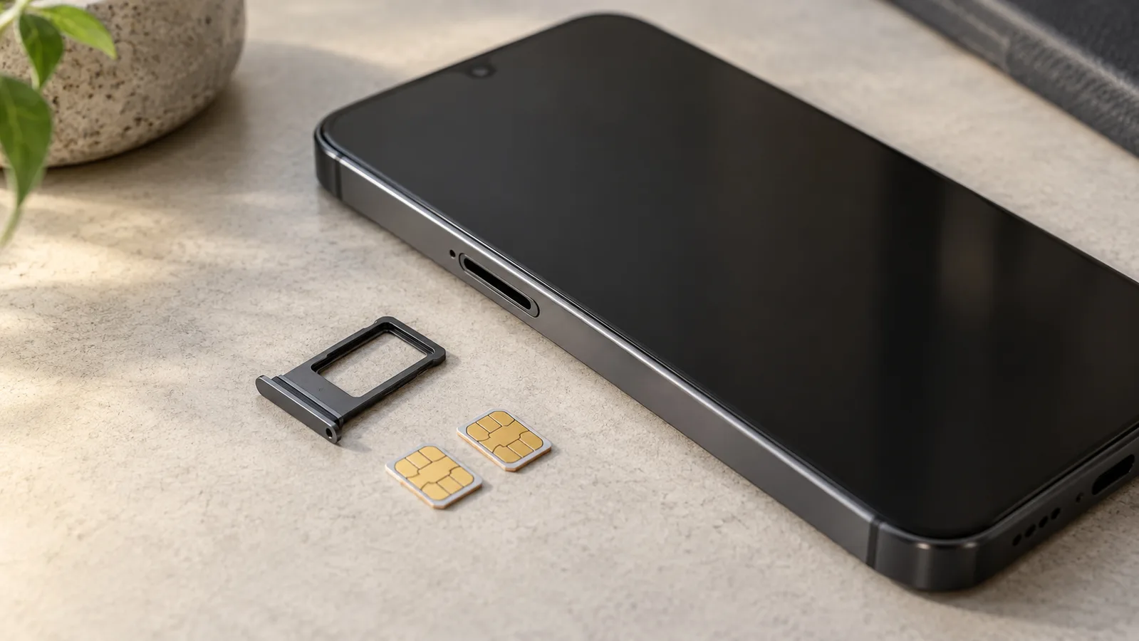 Smartphone sin marca al lado de una bandeja SIM separada y dos tarjetas SIM, que ilustra la compatibilidad con tarjetas físicas