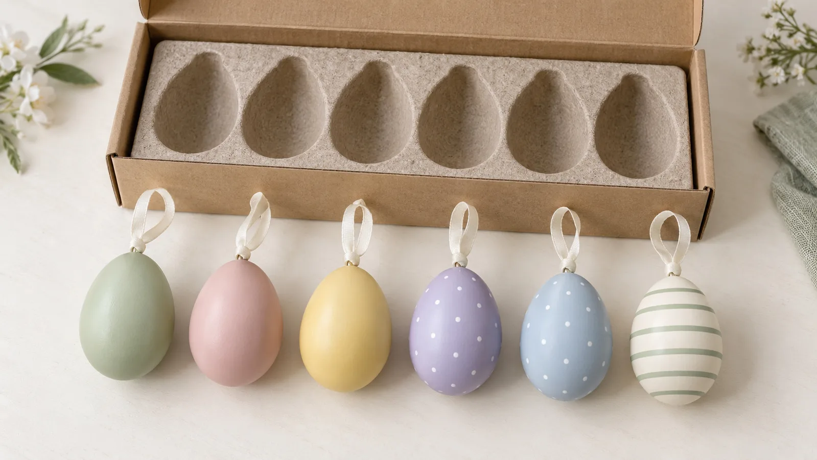 Adornos colgantes de huevos de Pascua en colores pastel dispuestos junto a su bandeja de embalaje minorista compartimentada