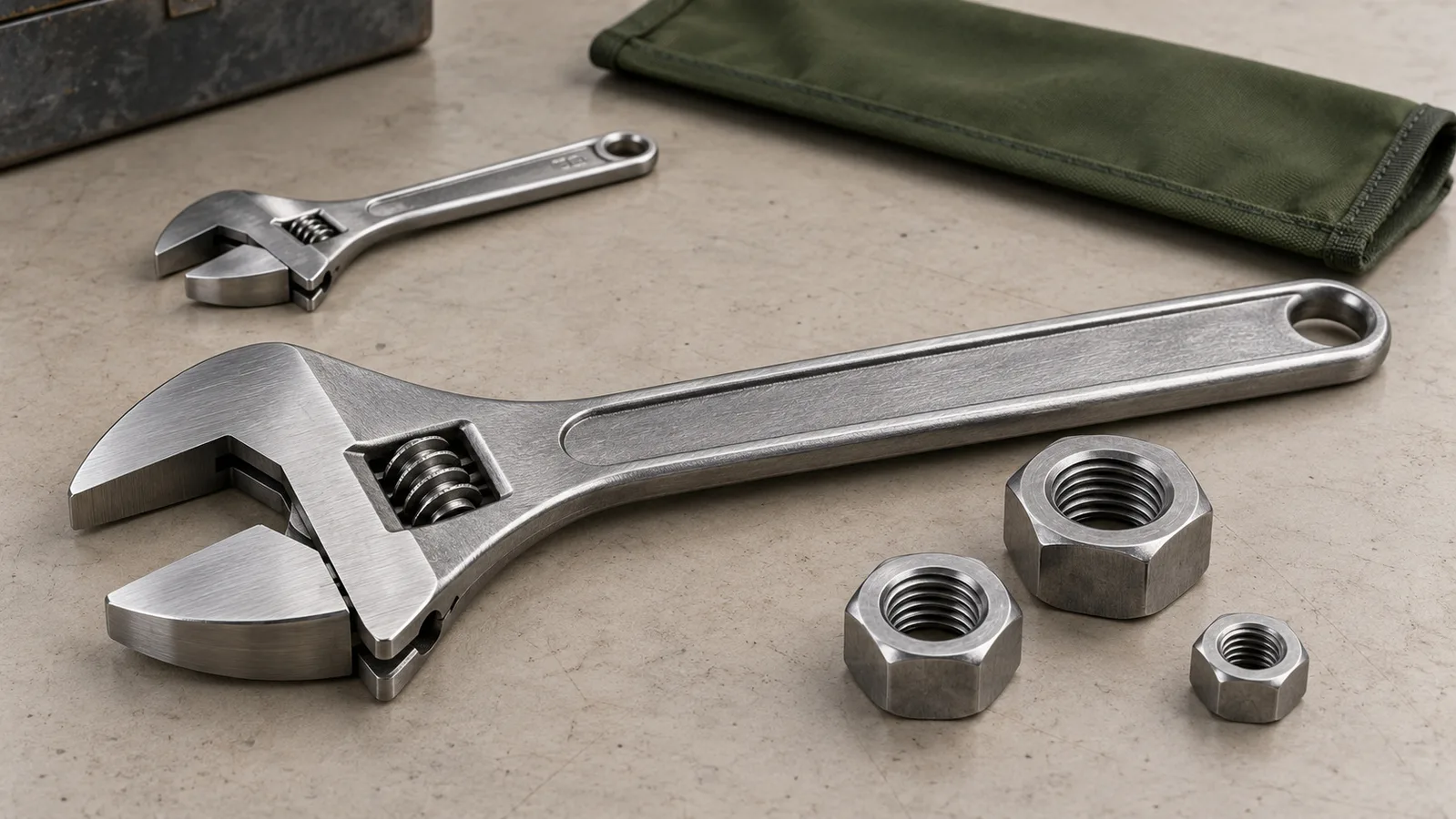 Llave ajustable sin marca con piezas de referencia de apertura de mandíbula y espacio libre para la cabeza