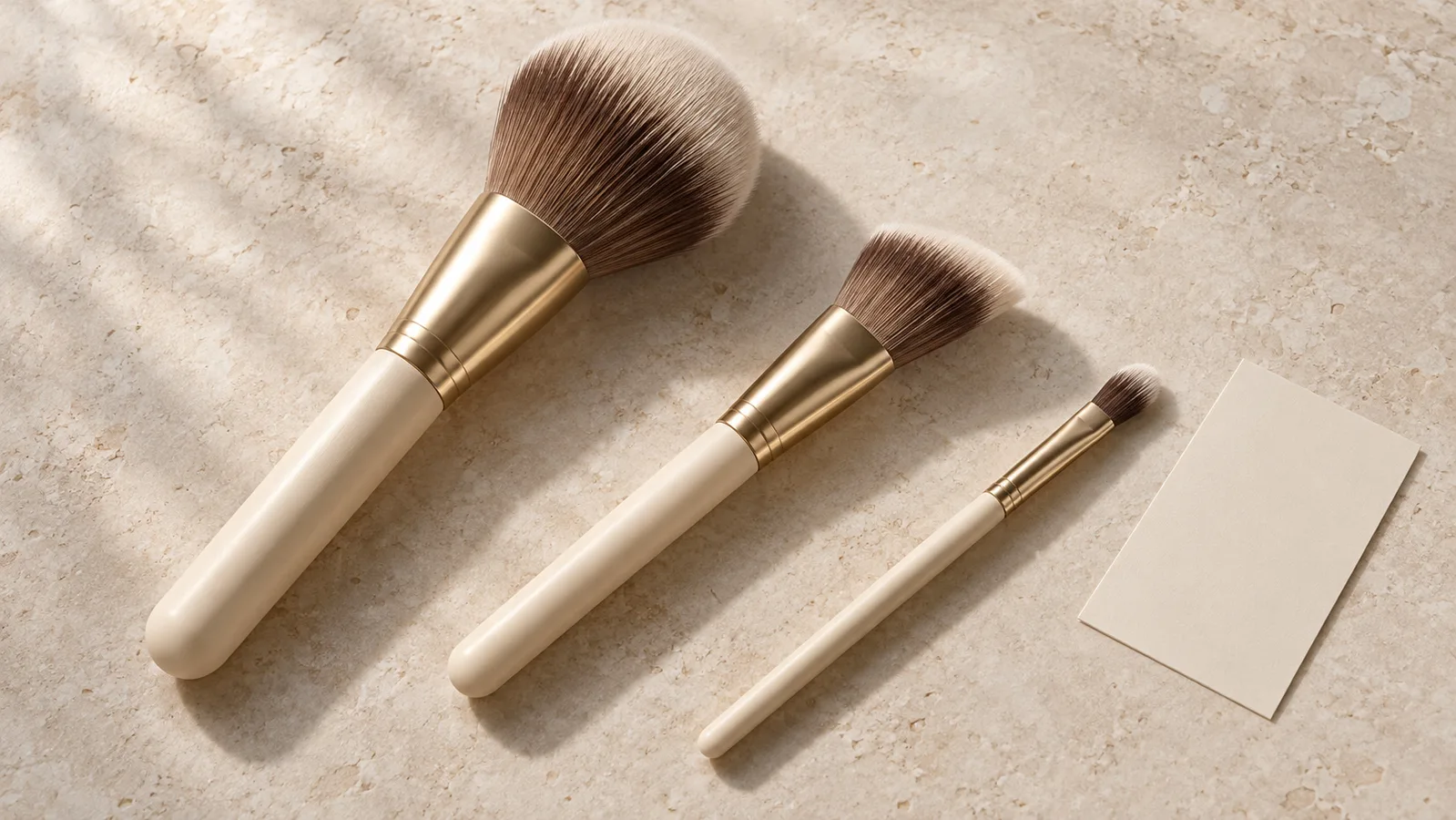 Tres pinceles de maquillaje sin marca con mangos color crema y casquillos dorados sobre una superficie de estudio pálida